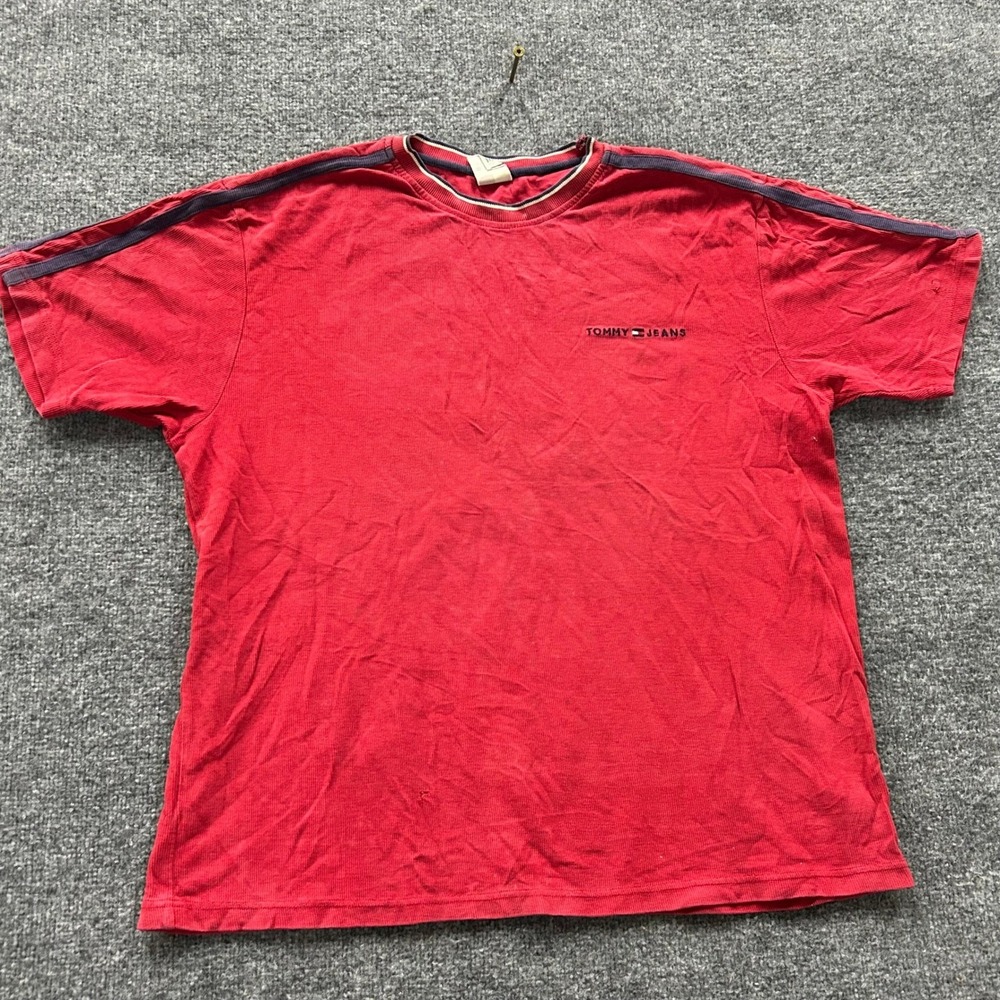 Tommy Jeans T-Shirt Mens Size XL Red Waffle Knit Stripe Sleeve Logo Casual Tee